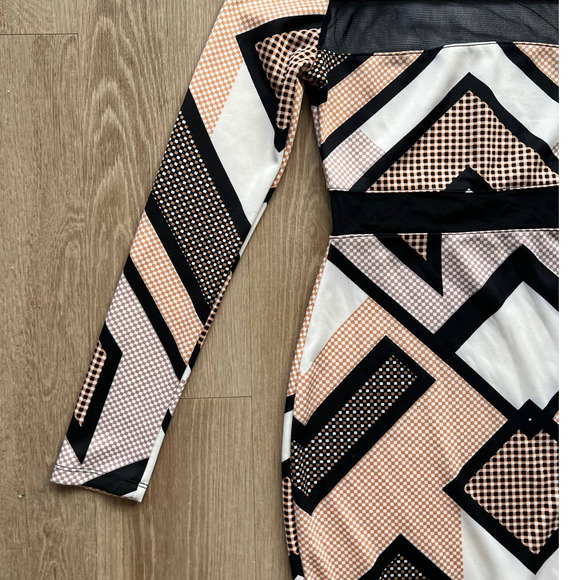 Fire Los Angeles Small Black/Tan/White Abstract A-Line Midi Long Sleeve Dress - Picture 3 of 10